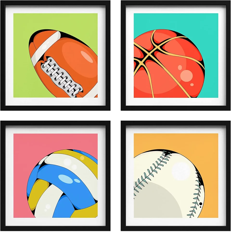 Glossy PixonSign Framed Wall Art Collage Print Gallery Set Cel-Shaded Football, Basketball, Volleyball Variety Sports Athletes Digital Art Pop Multicolor for Living Room, Bedroom, Office - 12x12x4 BLACK