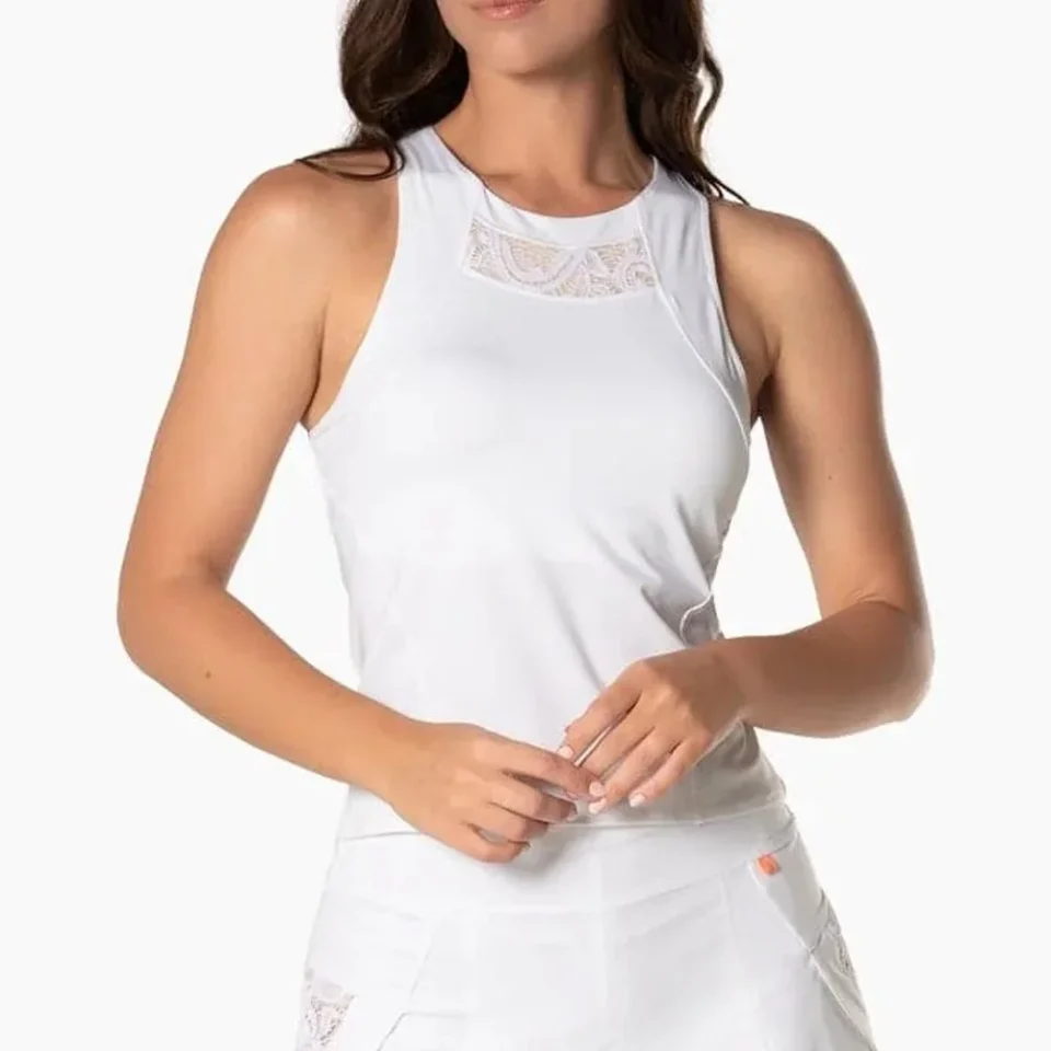Essential Food-Grade Lucky In Love Women`s Lace Track Crop Tennis Tank White ( MEDIUM )