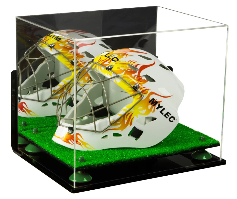 Eco-Friendly Gift-Ready Acrylic Lacrosse Helmet Display Case with Mirror, Wall Mount, Green Risers and Turf Base (A002-GRR)