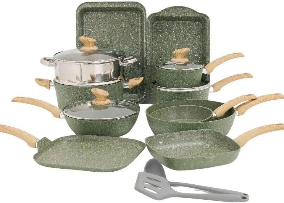 Gift-Ready ZHIYU 17-Piece Pots and Pans Set - Kitchen Cookware Sets with Nonstick Granite Stone Coating, Induction, Dishwasher Safe, Green