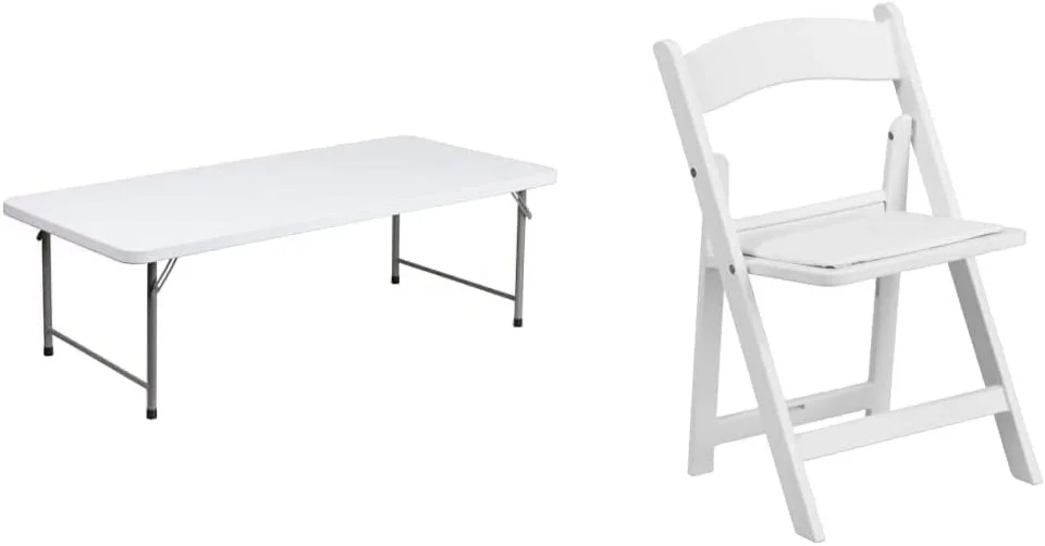 Outdoor 4.93-Foot Kid's Granite White Plastic Folding Table & Kids White Resin Folding Chair with White Vinyl Padded Seat