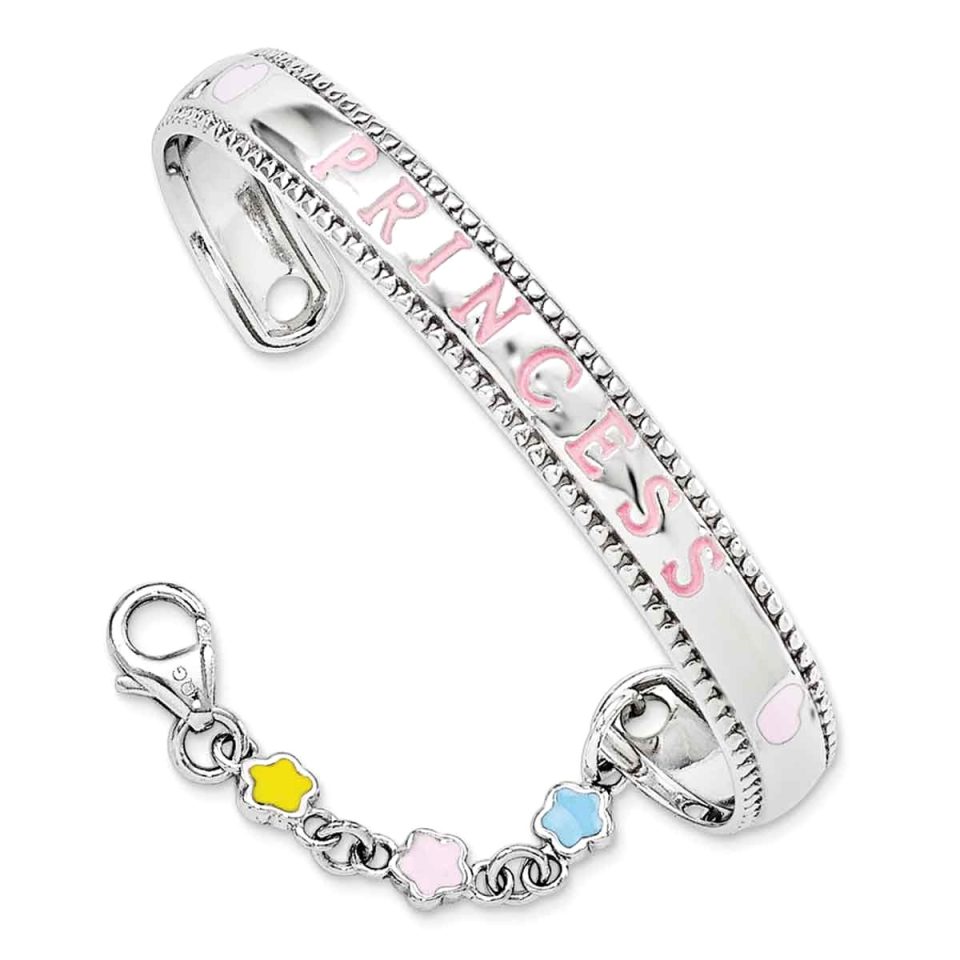 BPA-Free Natural Primal Silver Sterling Silver Rhodium-plated Enamel Princess with Chain Baby Bangle