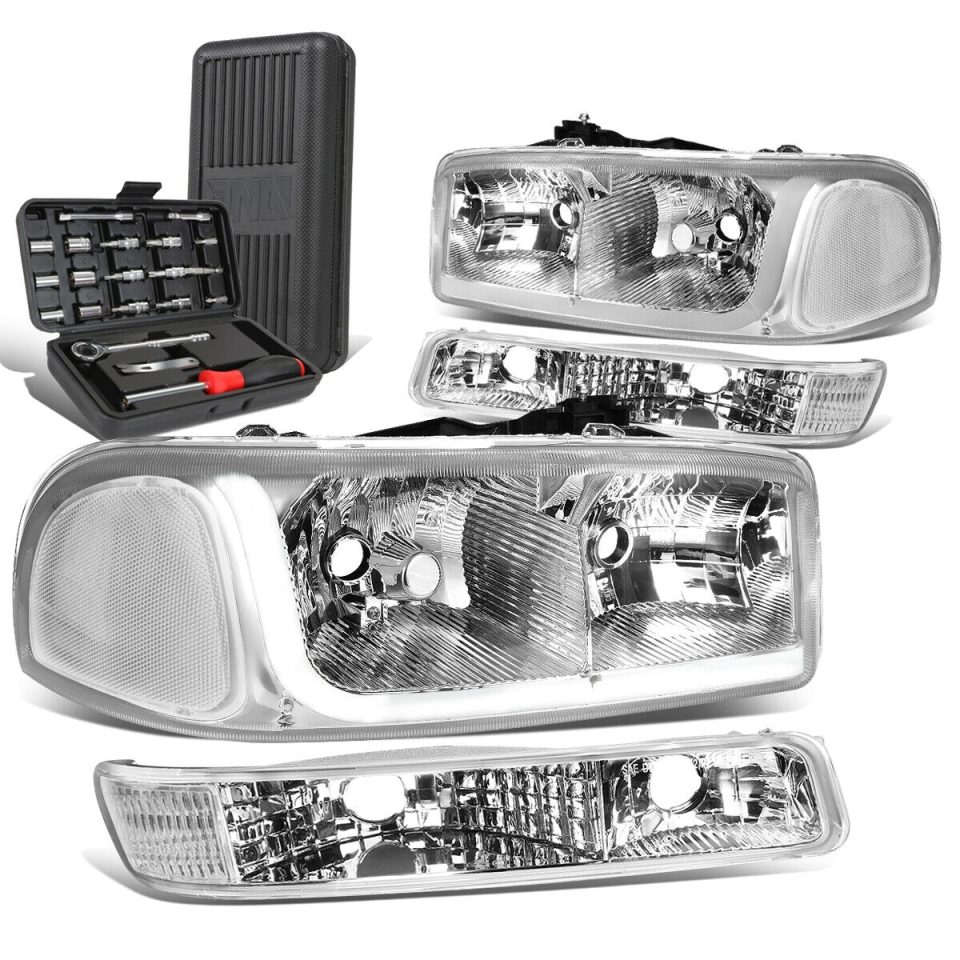 Polished Cooking 1999-2007 GMC Sierra LED DRL Bar Chrome/Clear Headlight Bumper Lamp+Tool Box