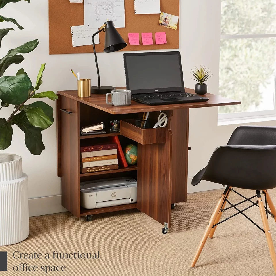 Healthy YiSHOP Folding Dining Table, Multipurpose Space Saving Collapsible Drop Leaf Extension Desk w/Wheels, 3 Storage Shelves - Brown