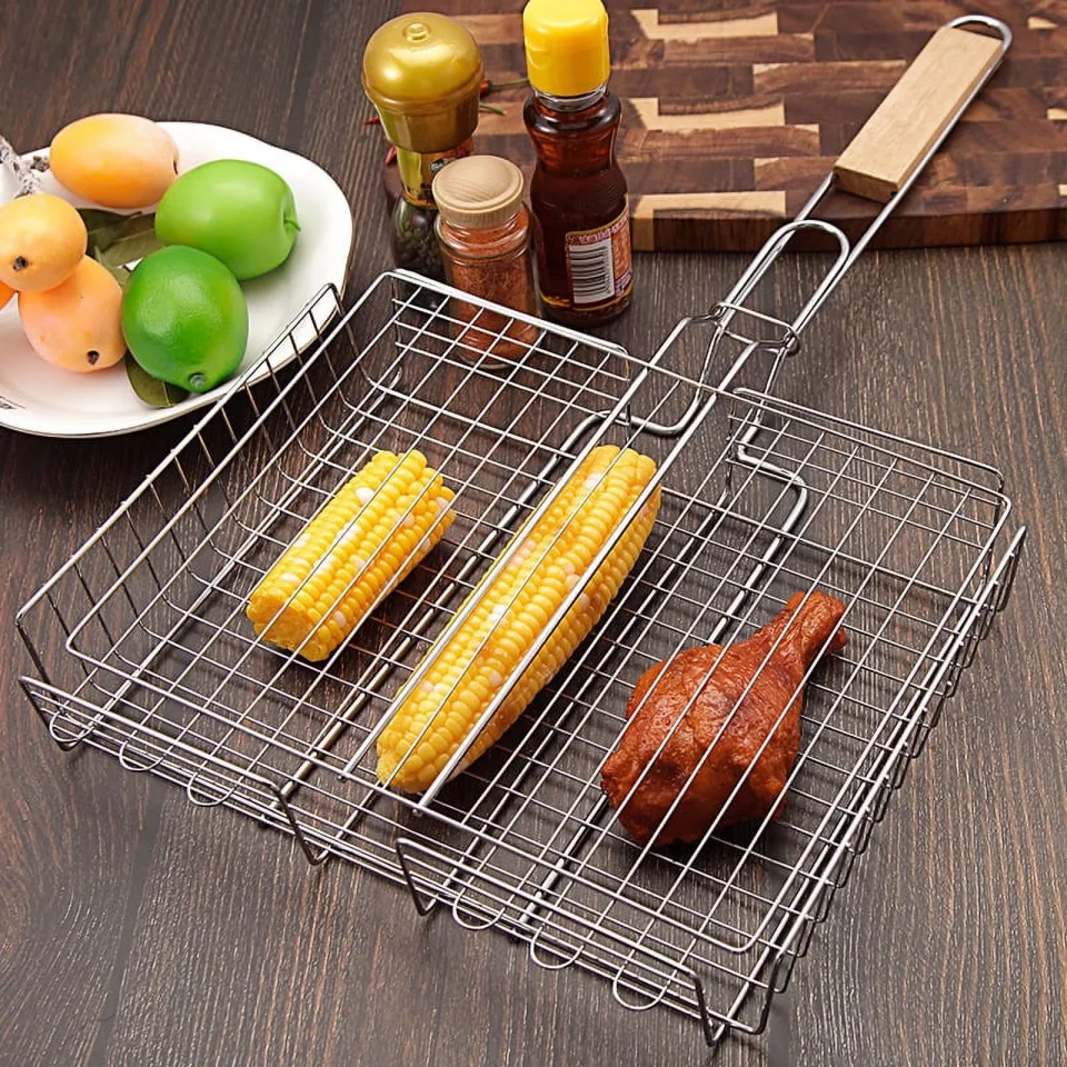 Eco-Friendly Wooden atopo Stainless Outdoor Cooking Grill Basket with Detachable and Foldable Handle BBQ accessories