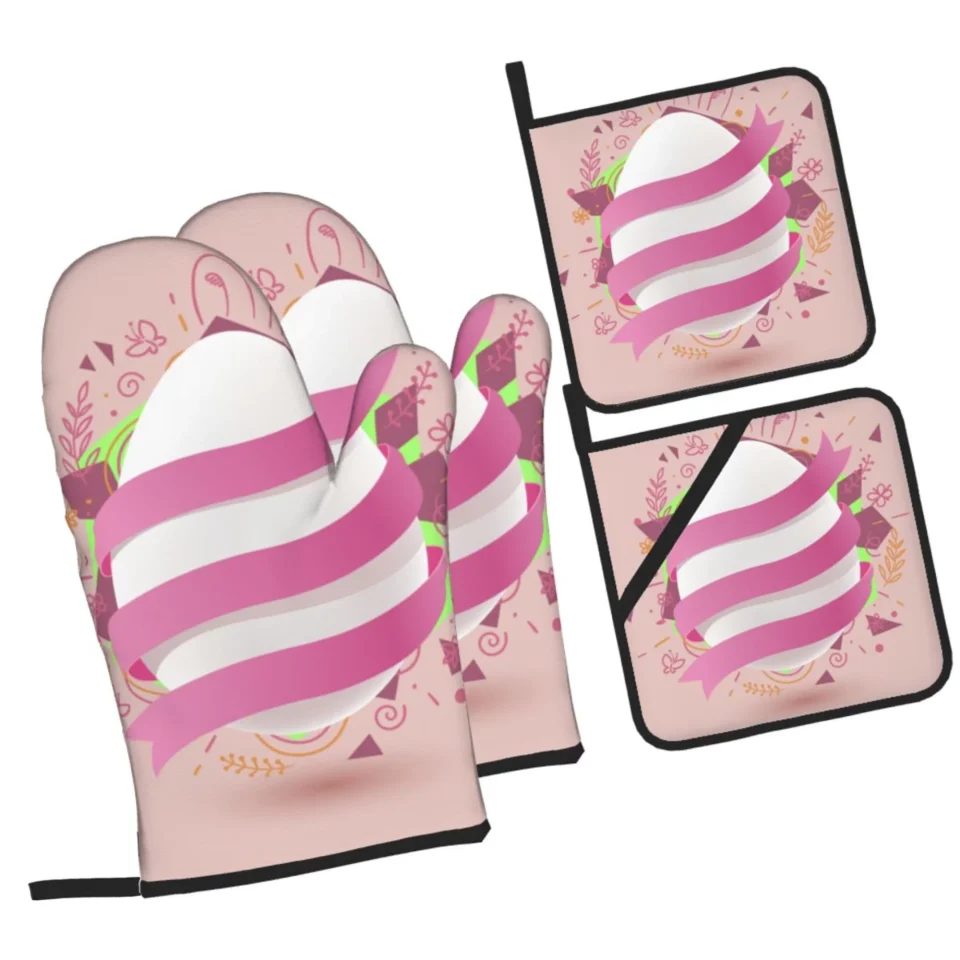 Glossy ZICANCN Oven Mitts and Pot Holders Sets,Pink Easter Eggs Baking Sets Kitchen Heat Resistant 4 Pieces
