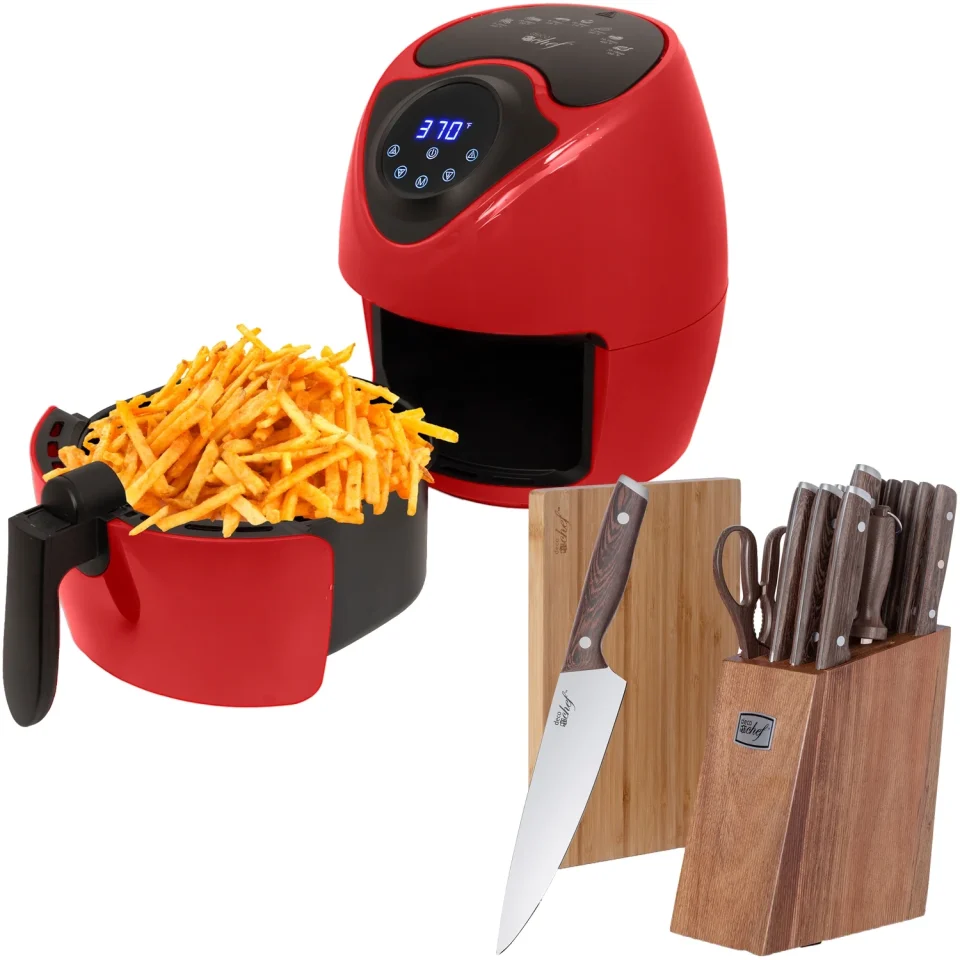 Office Deco Chef 3.7QT Electric Oil-Free Digital Air Fryer, Red + Deco Chef 16 Piece Kitchen Knife Set with Wedge Handles, Shears, Block, and Cutting Board