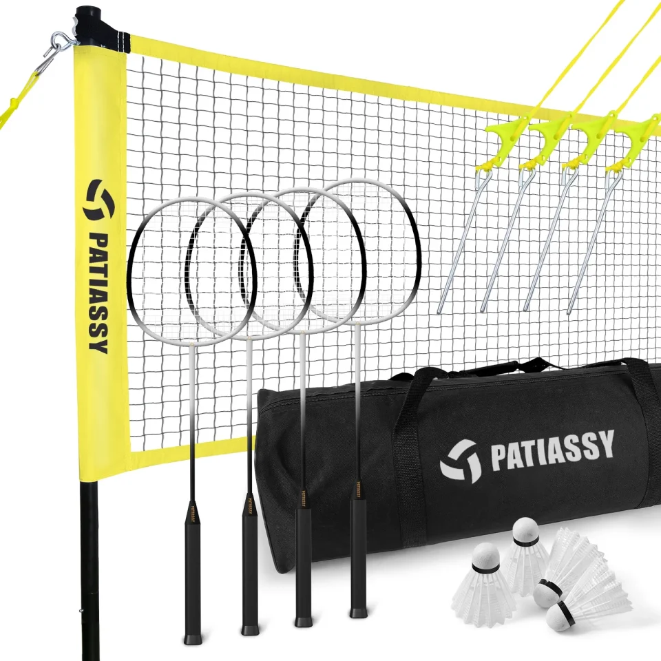 Lightweight PATIASSY Professional Badminton Net Set with 4 Badminton Rackets, Badminton Shuttlecocks, and Carrying Bag
