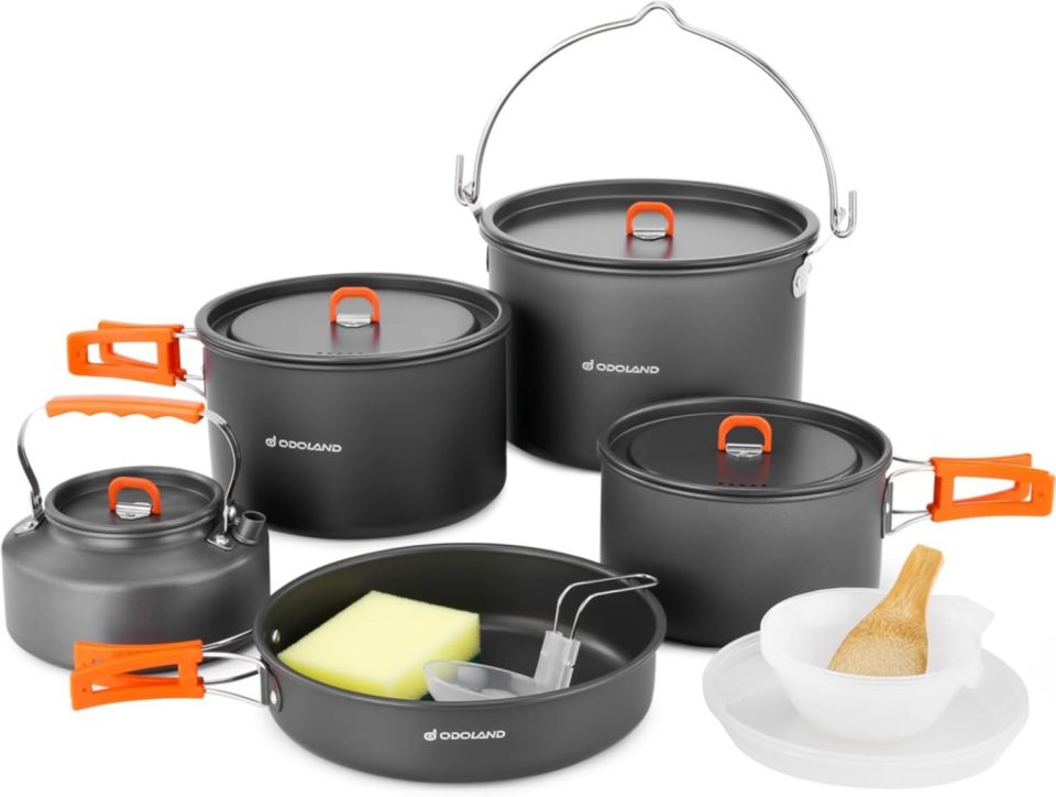 Eco-Friendly Kitchen Camping Cookware Set. Odoland 18pcs Camping Cookware Large Size Hanging Pot Pan Kettle Set with Plastic Plates Bowls Soup Spoon for Camping