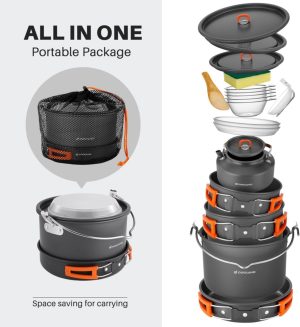 Eco-Friendly Kitchen Camping Cookware Set. Odoland 18pcs Camping Cookware Large Size Hanging Pot Pan Kettle Set with Plastic Plates Bowls Soup Spoon for Camping