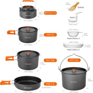 Eco-Friendly Kitchen Camping Cookware Set. Odoland 18pcs Camping Cookware Large Size Hanging Pot Pan Kettle Set with Plastic Plates Bowls Soup Spoon for Camping