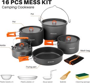 Eco-Friendly Kitchen Camping Cookware Set. Odoland 18pcs Camping Cookware Large Size Hanging Pot Pan Kettle Set with Plastic Plates Bowls Soup Spoon for Camping