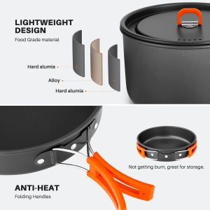 Eco-Friendly Kitchen Camping Cookware Set. Odoland 18pcs Camping Cookware Large Size Hanging Pot Pan Kettle Set with Plastic Plates Bowls Soup Spoon for Camping