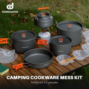 Eco-Friendly Kitchen Camping Cookware Set. Odoland 18pcs Camping Cookware Large Size Hanging Pot Pan Kettle Set with Plastic Plates Bowls Soup Spoon for Camping