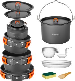 Eco-Friendly Kitchen Camping Cookware Set. Odoland 18pcs Camping Cookware Large Size Hanging Pot Pan Kettle Set with Plastic Plates Bowls Soup Spoon for Camping
