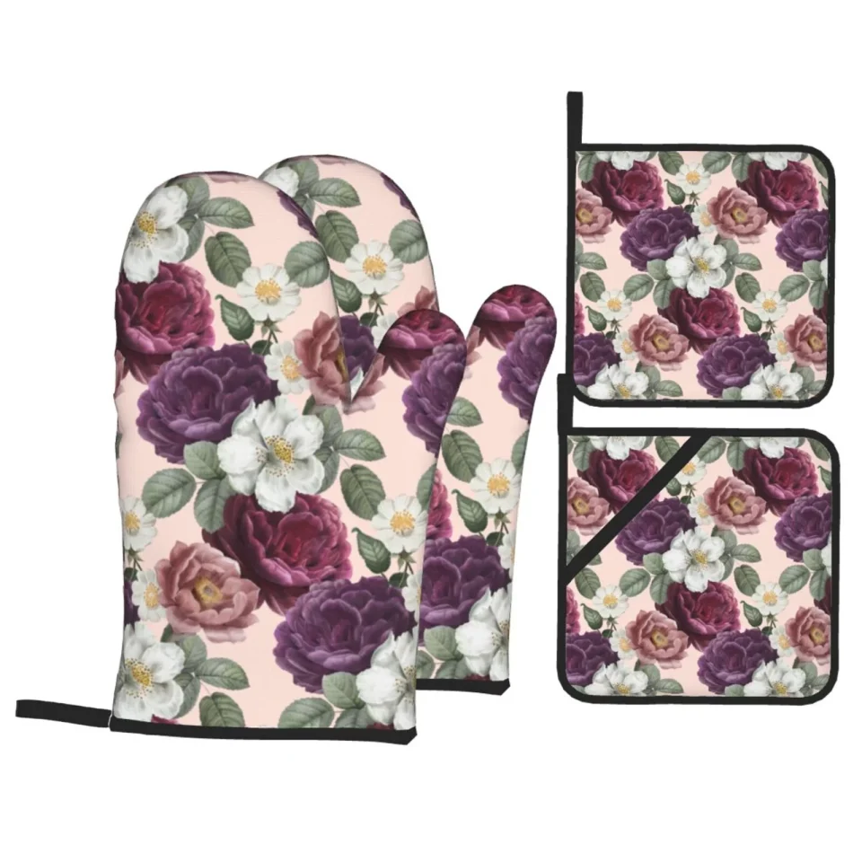 Travel XMXT Waterproof Oven Mitts and Pot Holders Sets, Vintage Elegant Rose Sets Kitchen Cooking Heat Resistant, 4 Pcs
