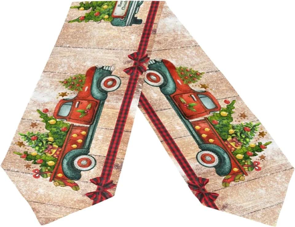 Thickened GZHJMY Double Sided Christmas Truck Long Polyester Table Runner 13 x 90 Inches Christmas Tree Table Cloth Cover Placemats for Kitchen Dinning Living Holiday Wedding Party Decor