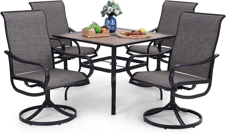 Travel VILLA Outdoor Patio Dining Set for 4 5 PCS Patio Table & Chair Set Clearance with 4 Swivel Dining Chairs & 1 Square Patio Table(1.57" Hole) Patio Dining Furniture for Lawn G