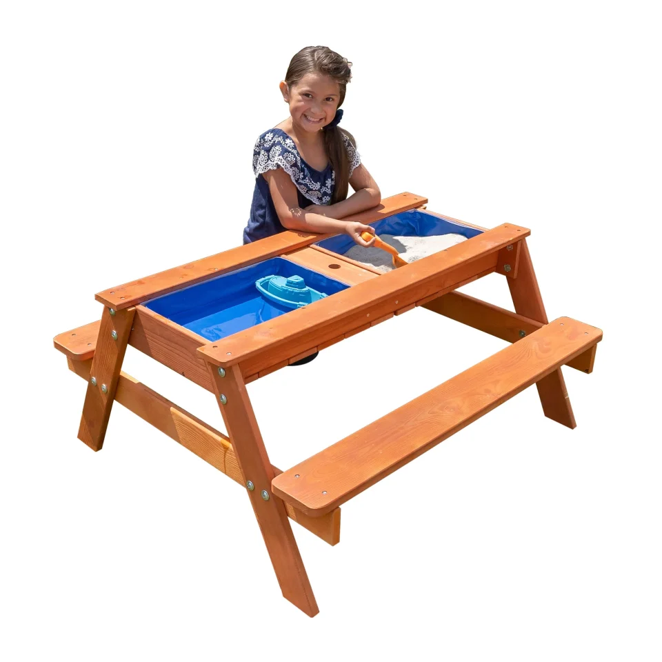 Matte Sportspower Wooden Picnic Table with Sand Play and Water Play and Umbrella Hole (No Umbrella)