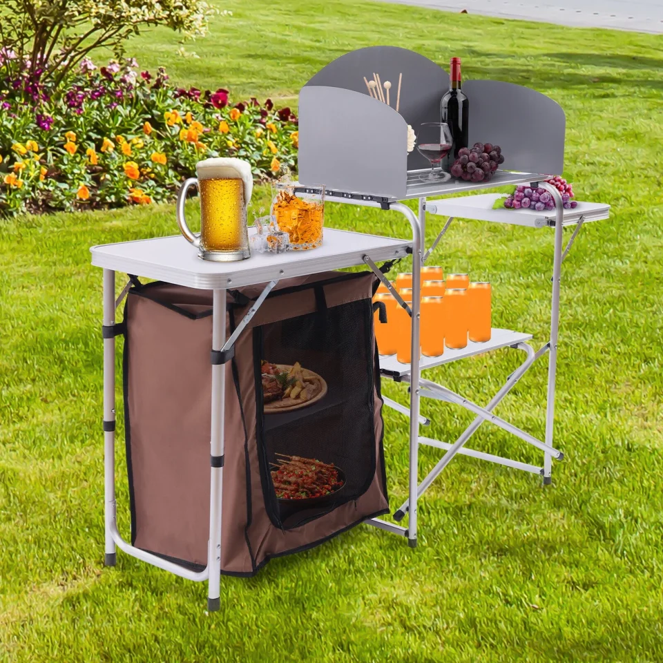 Supreme Lightweight XH14645 Folding Camping Cooking Table Outdoor Kitchen Picnic Cabinet Table +Fabric Cover Brown