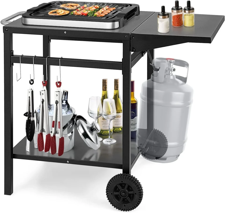 Best-Selling Outdoor Pizza Oven Stand Grill Cart with Wheels, Foldable Side Table, Gas Tank Hook, 4 Removable Hooks, Double-Shelf Movable Dining Cart Food Prep Worktable Trolley for Outside Kitchen BBQ