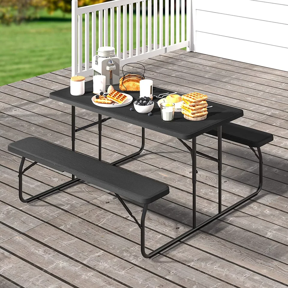 Pure Upgraded DWVO Heavy Duty Picnic Table Folding Outdoor Picnic Table and Bench with Weather Resistant Resin Tabletop & Stable Steel Frame for Yard Patio Lawn Party Black