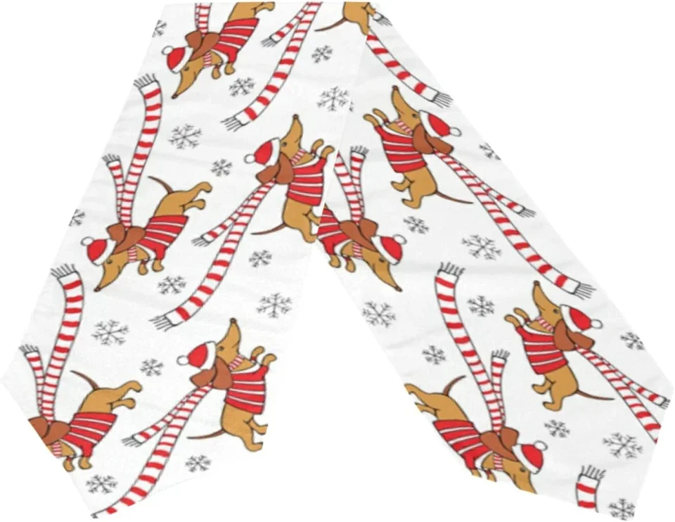 Glass Dreamtimes Double Sided Christmas Long Polyester Table Runner 13 x 90 Inches, Dachshund Dogs Table Cloth Cover Placemats for Kitchen Dinning Living Holiday Wedding Party Decor