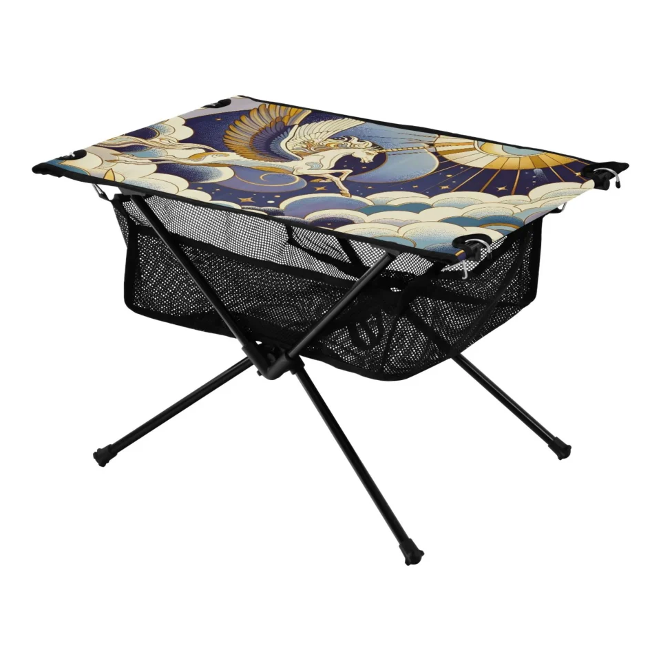 Healthy Cast Iron Artist Unicorn Flying with Moon Camping Folding Table Portable Beach Table with Storage Bag Compact Picnic Table for Outdoor Travel Fishing BBQ