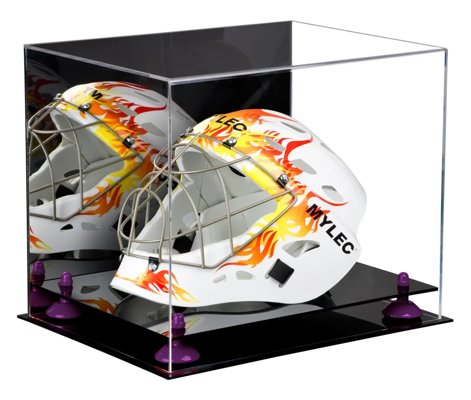 Thickened Acrylic Lacrosse Helmet Display Case with Mirror and Purple Risers (A002-PR)