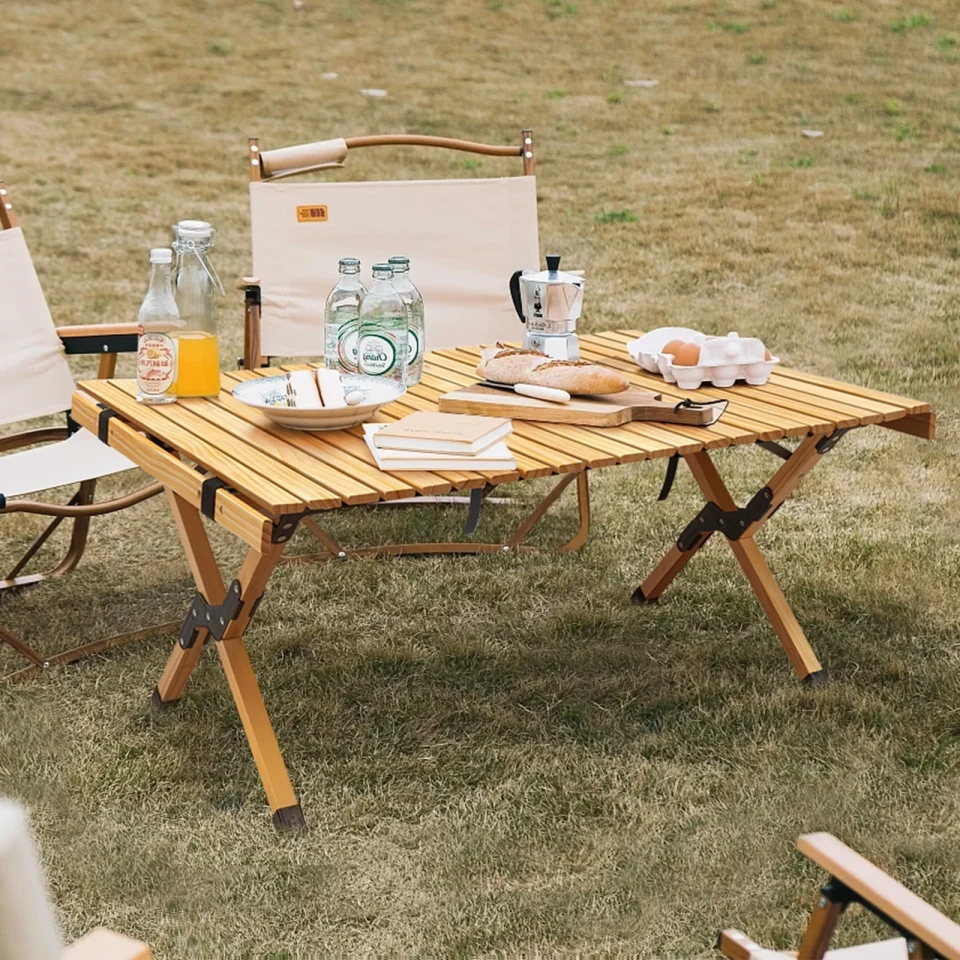 Cooking Picnic Table, Portable Camping Table with Carrying Bag, Outdoor Indoor Light Wooden Egg Roll Table, Foldable Stable Large Picnic Table for Party Picnic Travel Barbecue Beach