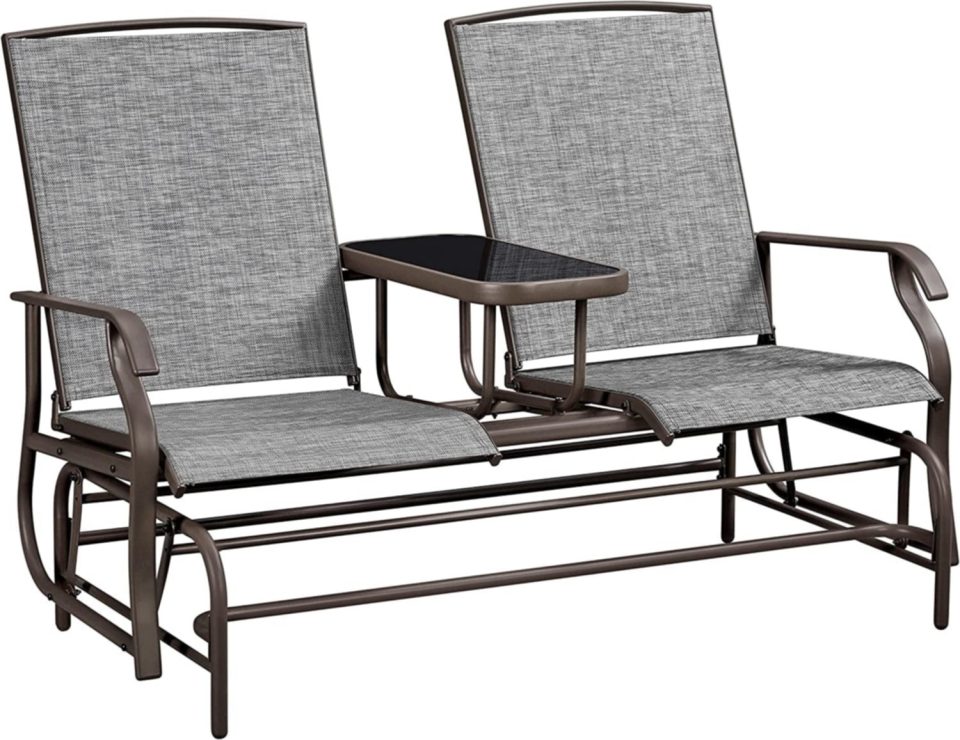 Thickened Versatile 2-Seat Outdoor Glider with Center Table, Patio Rocking Loveseat with Breathable Mesh Sturdy Metal Frame for Garden Pool Lawn