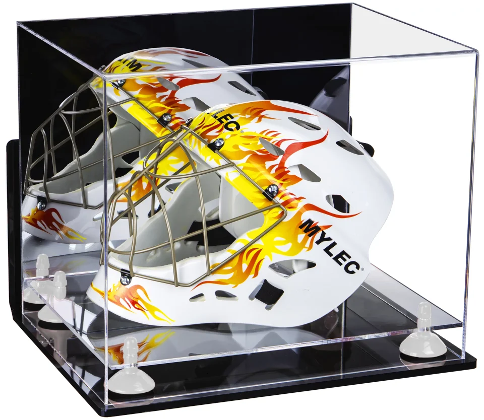 Silicone Cast Iron Deluxe Acrylic Lacrosse Helmet Display Case with Mirror, Wall Mount, White Risers and Clear Base (A002-WR)
