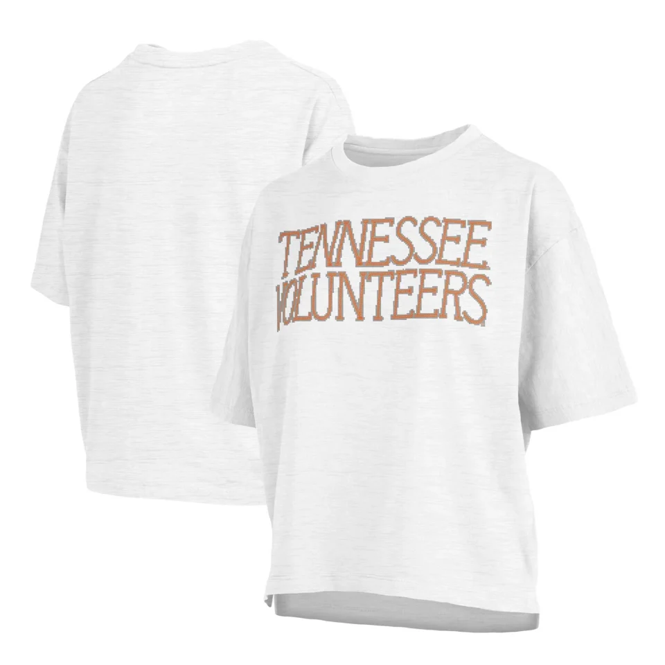 Upgraded Women's Pressbox Heather Gray Tennessee Volunteers Motley Crew Chain Stitch Slub Waist Length Boxy T-Shirt