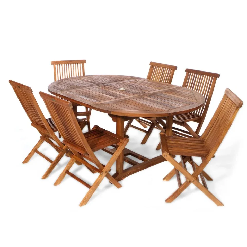 Bamboo All Things cedar 7-Piece Teak Oval Extension Patio Table Folding chair Set