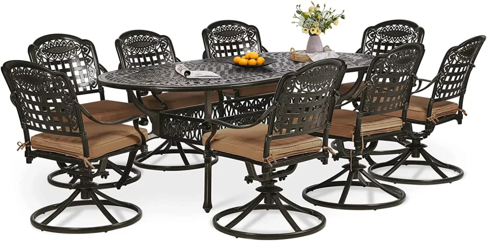 Gift-Ready W WARMHOL 9-Piece Patio Dining Set, Outdoor Patio Set of 83.8 Oval Cast Aluminum Dining Table with Umbrella Hole, 8 Patio Dining Swivel Chairs Padded, Patio Funiture Set for Lawn Garden