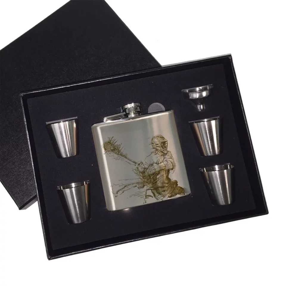 Polished KuzmarK 6 oz. Stainless Steel Flask Set in Black Presentation Box - Lacrosse