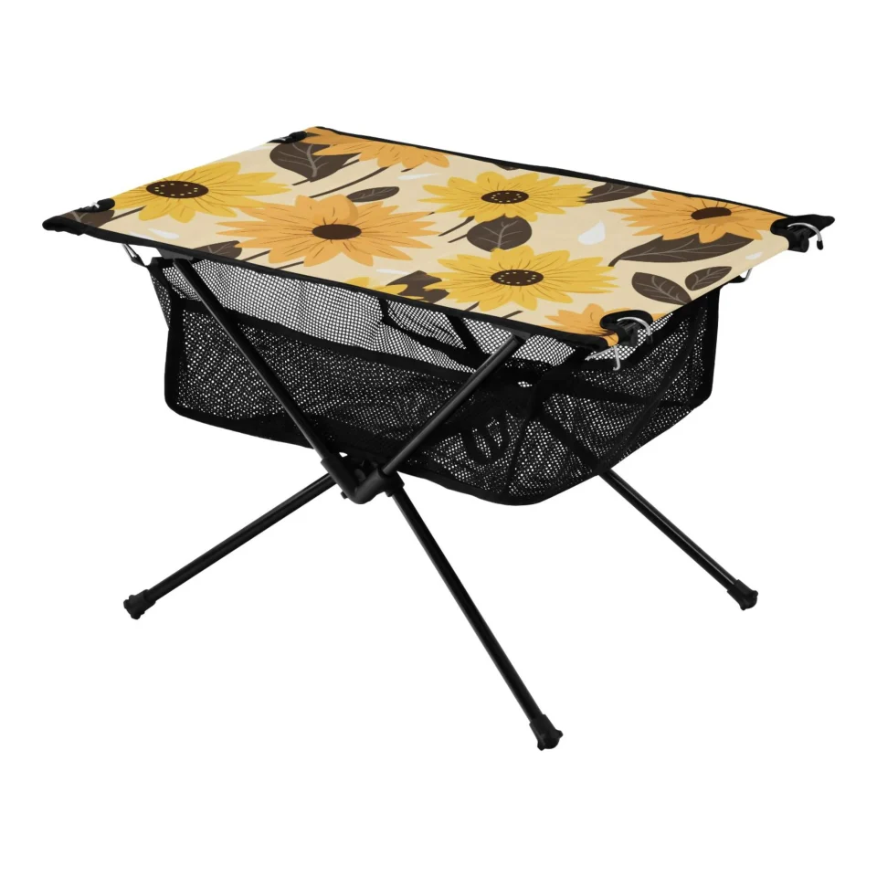 Glossy Sunflower Camping Folding Table Portable Beach Table with Storage Bag Compact Picnic Table for Outdoor Travel Fishing BBQ