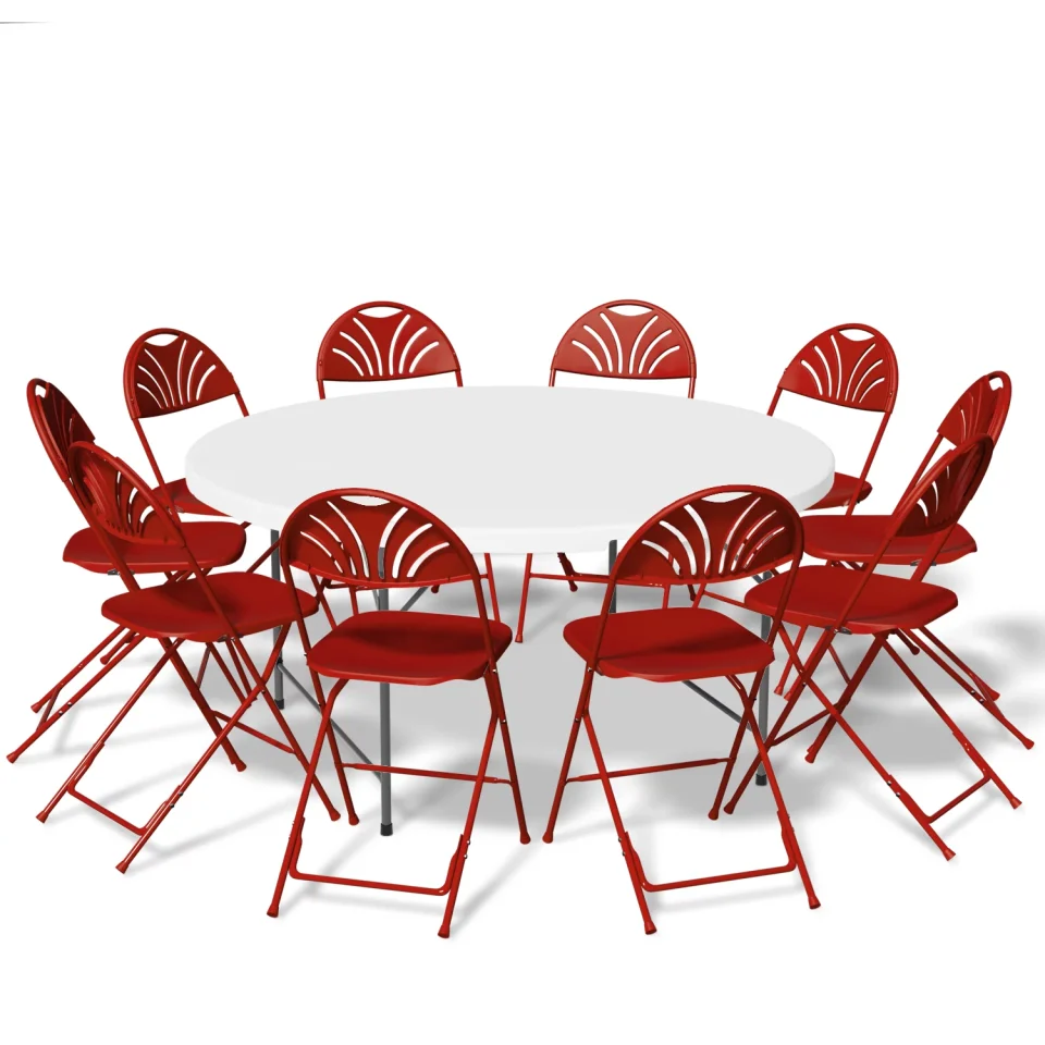 Clear Versatile Magshion 11-Piece Round Folding Dining Table with 10 Red Chairs Set, 4.5 Ft White Foldable Table, Outdoor Picnic Desk with Carry Handle