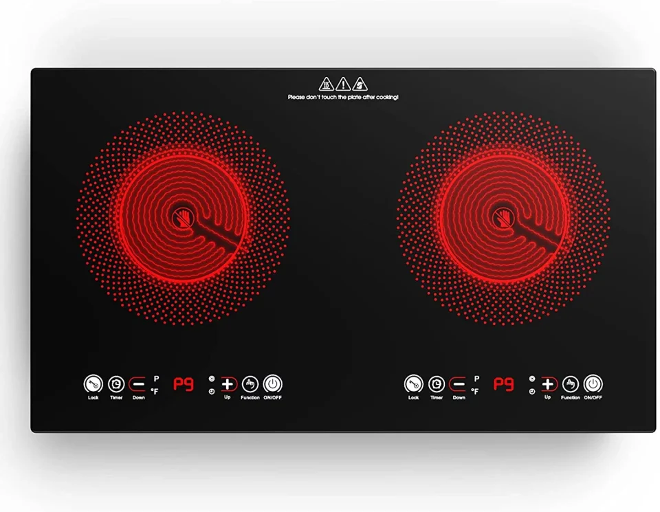 Multi-Purpose VBGK Electric Cooktop 2 Burner 24 inch 2200W 110V Electric Burner Countertop and Built-in Hot Plate for Cooking,4H Timer & Auto Shutdown Electric Stove,Child Lock Electric Stove Top with Plug