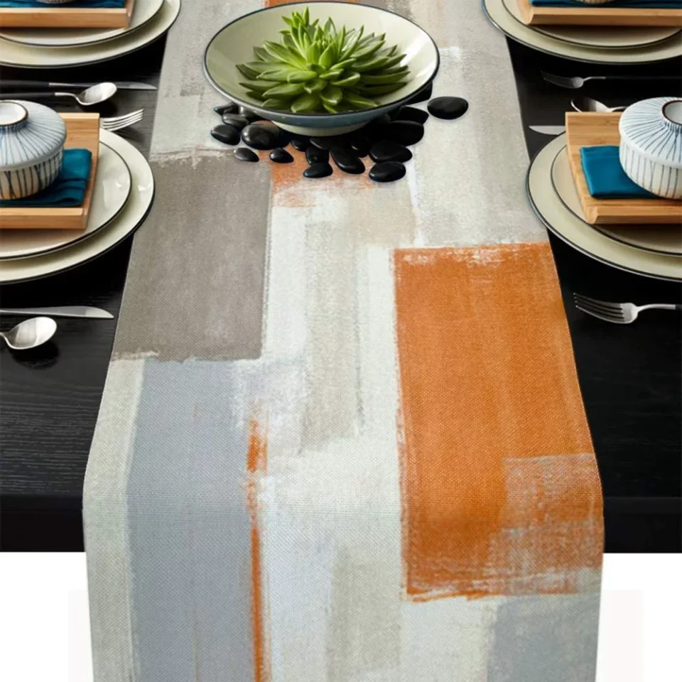 Natural Orange Table Runner Farmhouse Thanksgiving Dining Table Decor Abstract Art Table Runners for Living Room 13x72inch