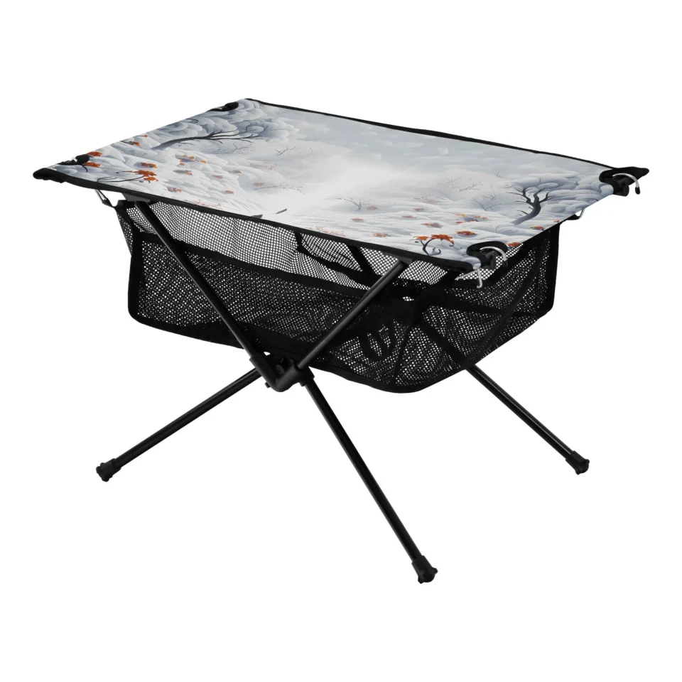 Eco-Friendly Glass Winter Mountains and Flowers Camping Foldable Portable Table Beach Table with Storage Bag Compact Picnic Table for Outdoor Hiking Fishing BBQ