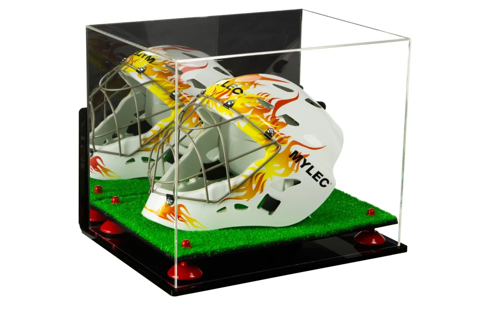 Versatile Deluxe Acrylic Lacrosse Helmet Display Case with Mirror, Wall Mount, Red Risers and Turf Base (A002-RR)