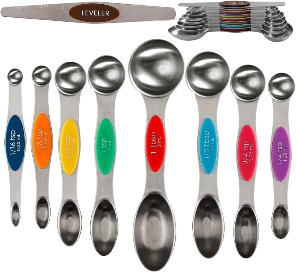 Versatile Maypes Magnetic Measuring Spoons Stainless Steel Measuring cups for Dry and Liquid ingredients Dual Sided Stackable Teaspoons Precise Measurement Metal Kitchen Cooking and Baking Supplies Set of 9